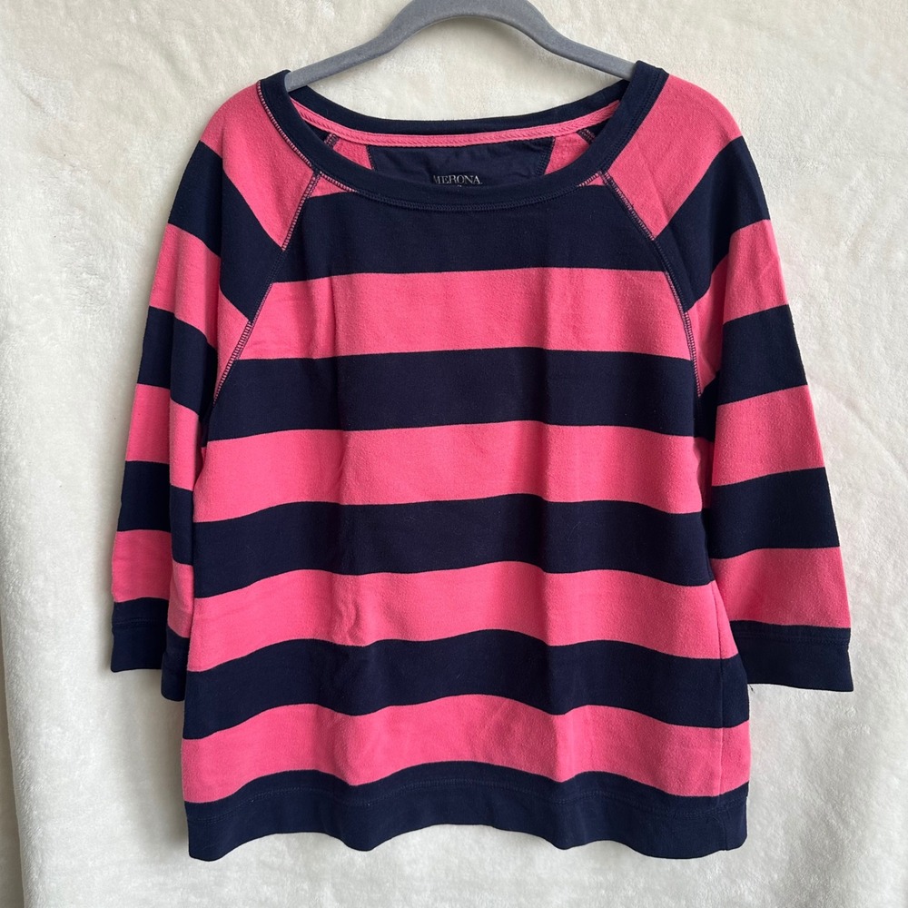 Merona Navy Blue Coral Pink Striped Crewneck 3/4 Sleeve Sweatshirt Size Large